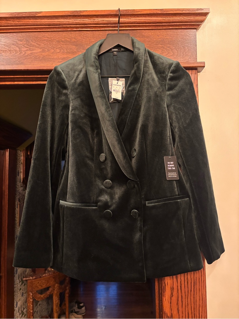 NWT Express Women's Double-Breasted Velvet Blazer Jacket - Dark Green